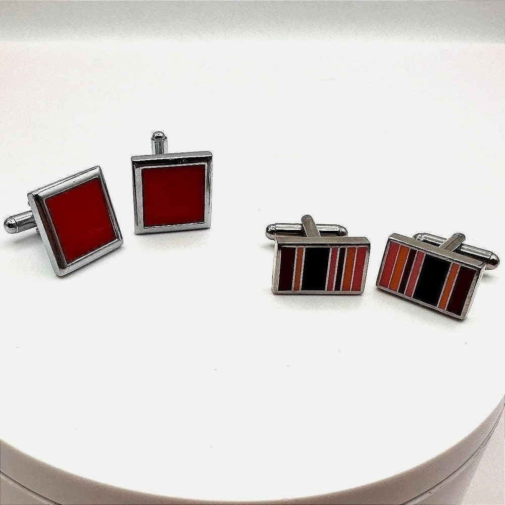 Vintage 80s Paul Smith Style Multi Stripe & Red Enamel Cufflinks Set Lot Jewelry
